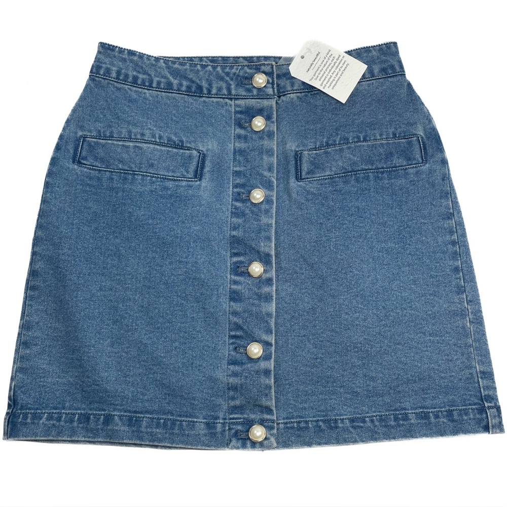 House of Harlow 1960 Nicole Richie Denim Mini Skirt Pearl Buttons Stretch Size 4